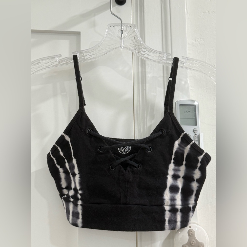 SO black cotton criss cross lace up v neck bralette w/ tie dye accents